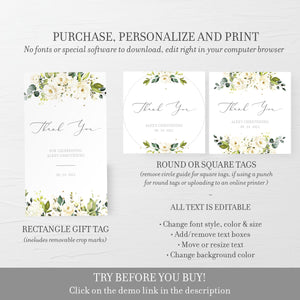 White Floral Greenery Christening Favor Tag Template, Girl or Boy Christening Thank You Tags Printable, Editable DIGITAL DOWNLOAD - WFG100