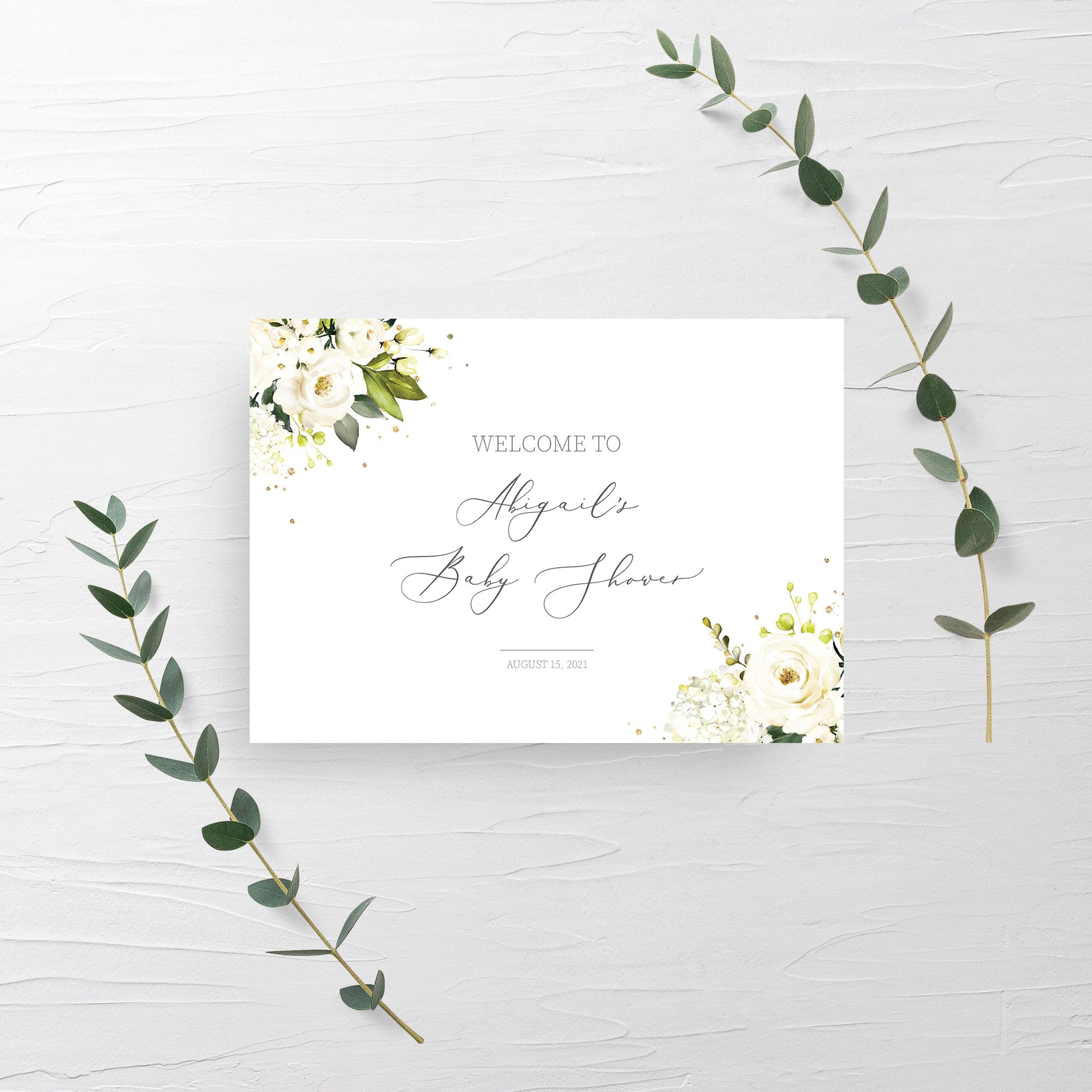 White Floral Greenery Baby Shower Welcome Sign Template, Large Welcome Sign Printable, Baby Shower Decorations, DIGITAL DOWNLOAD WRG100