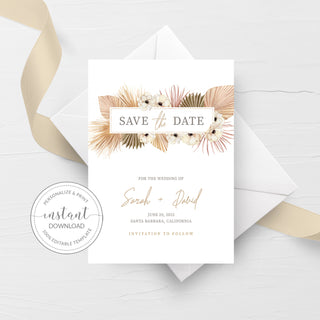 Pampas Grass Save The Date Card Template, Desert Boho Save The Date Wedding Engagement Announcement, Save The Date Printable, 5x7 - DP100