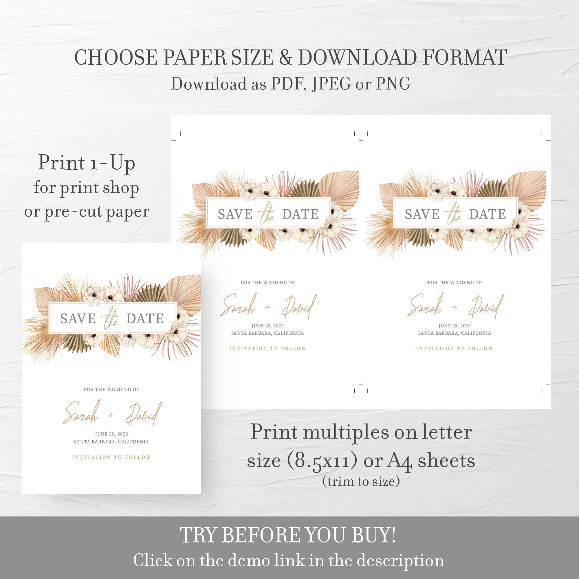Pampas Grass Save The Date Card Template, Desert Boho Save The Date Wedding Engagement Announcement, Save The Date Printable, 5x7 - DP100