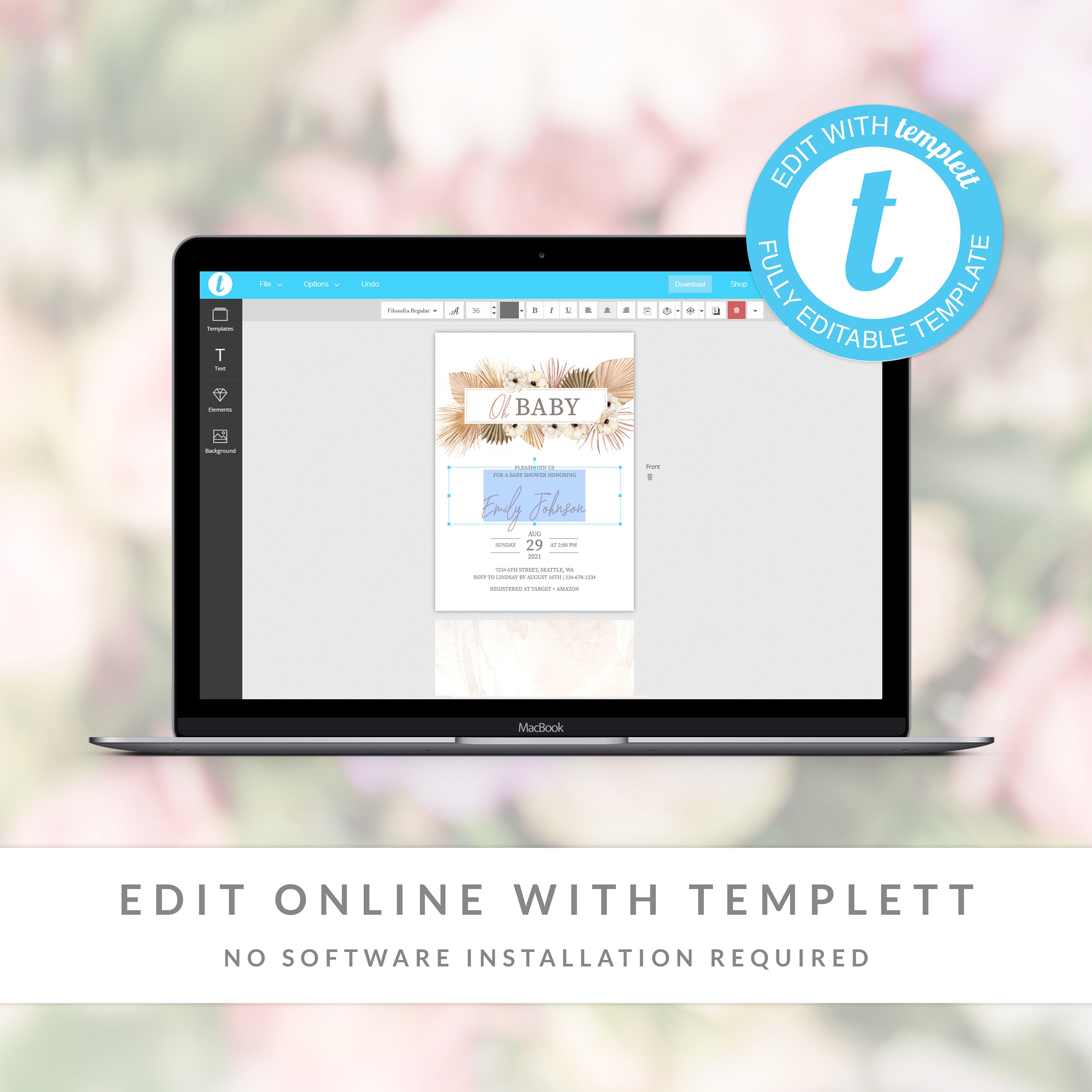 Printable Desert Boho Baby Shower Invitations Girl, Pampas Grass Baby Shower Invite Template, Boho Chic Baby Shower, DIGITAL DOWNLOAD DP100