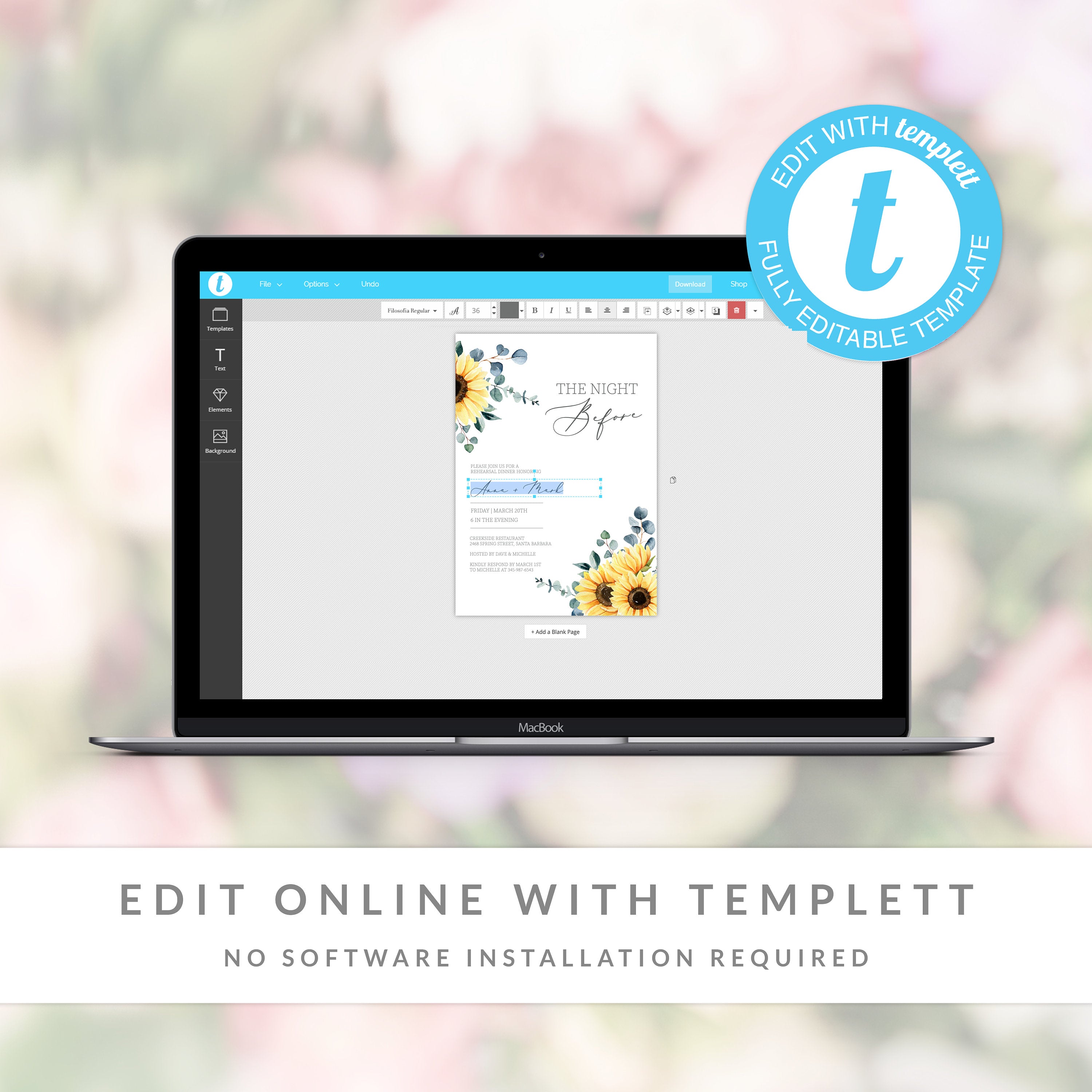 Sunflower Wedding Rehearsal Dinner Invitation Template, Printable Rehearsal Dinner Invitations, The Night Before, DIGITAL DOWNLOAD S100