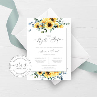 Sunflower Rehearsal Dinner Invitation Template, Printable Wedding Rehearsal Dinner Invite Sunflower, The Night Before, DIGITAL DOWNLOAD S100
