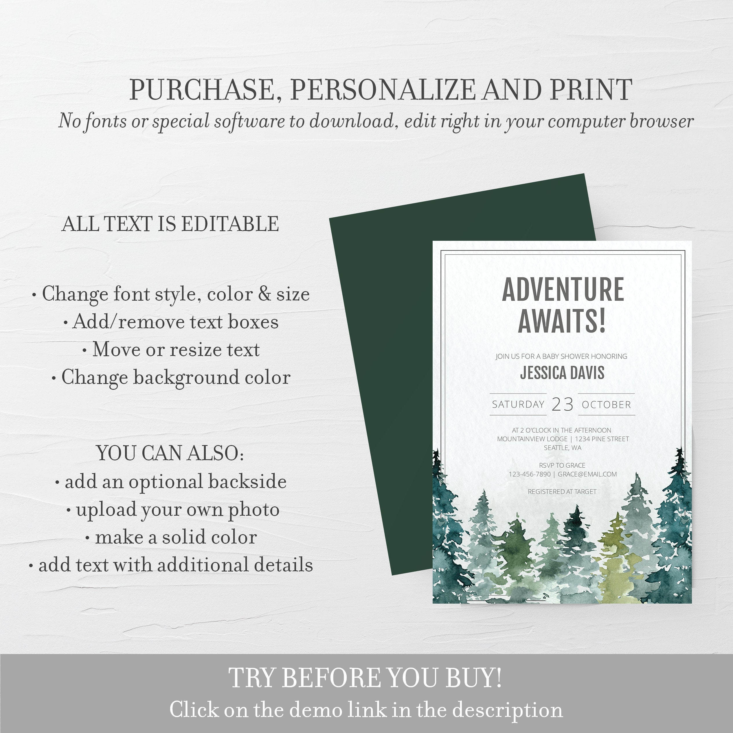 Adventure Awaits Baby Shower Invitation Template, Printable Adventure Awaits Shower Invite, Forest Baby Shower Boy, DIGITAL DOWNLOAD D100