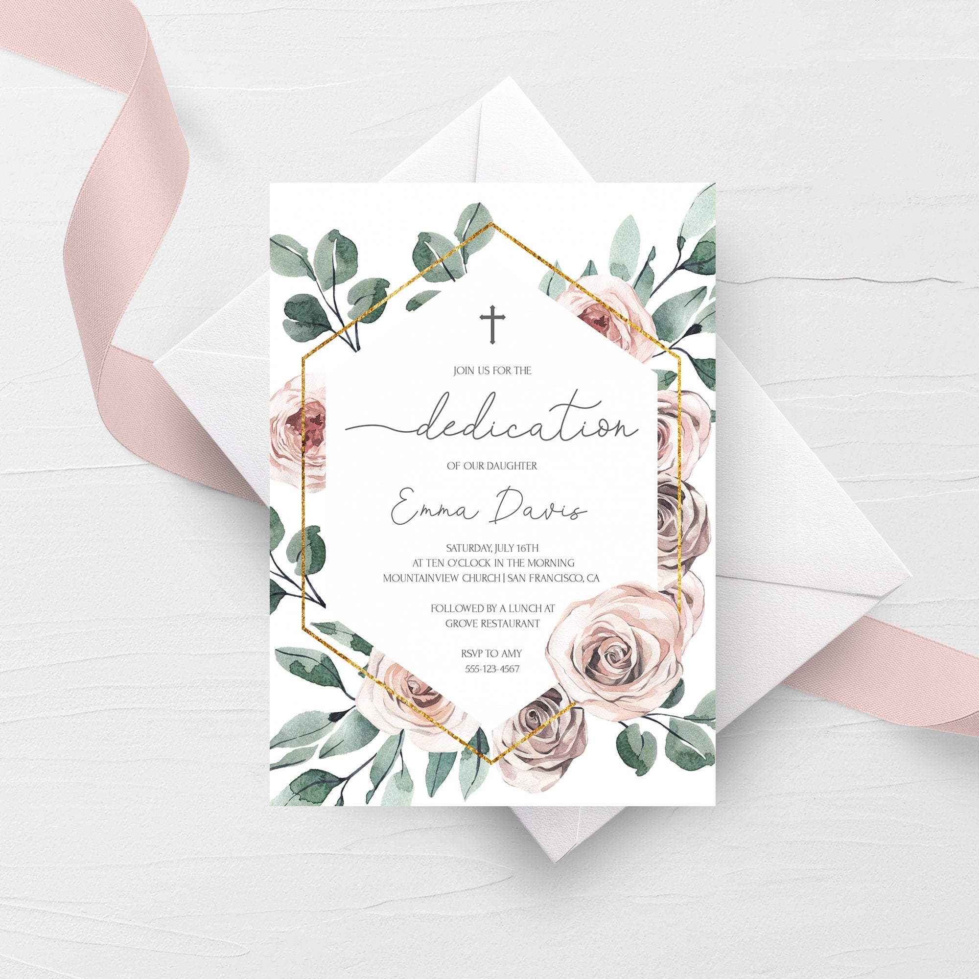Boho Rose Baby Girl Dedication Invitation Template, Printable Blush Pi - PlumPolkaDot boho-rose-baby-girl-dedication-invitation-template-printable-blush-pi-plumpolkadot