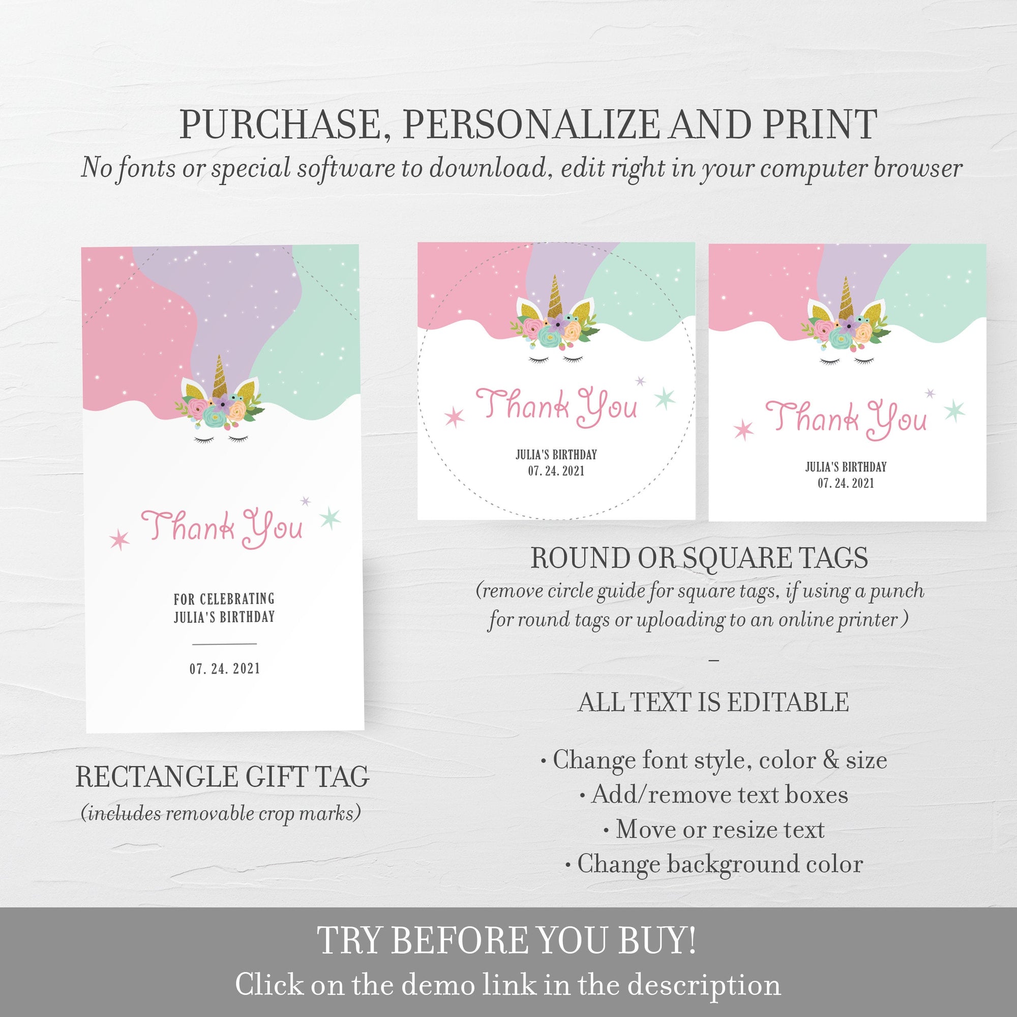 Unicorn Party Favors Tag Template, Printable Birthday Thank You Tag, E - PlumPolkaDot unicorn-party-favors-tag-template-printable-birthday-thank-you-tag-e-plumpolkadot