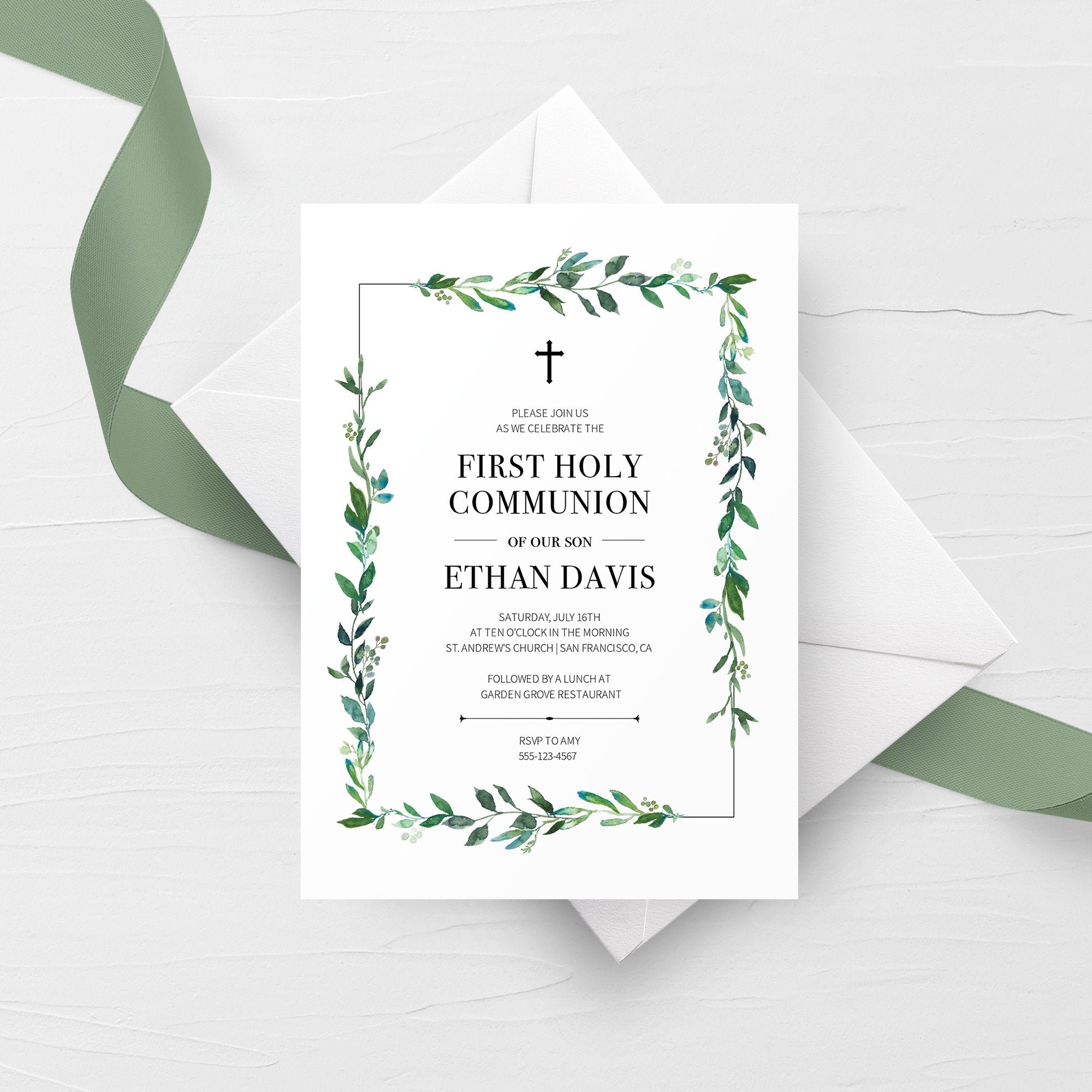 Greenery Holy Communion Invitation Template, Printable First Holy Communion Invitation, 1st Holy Communion Invite, DIGITAL DOWNLOAD G100