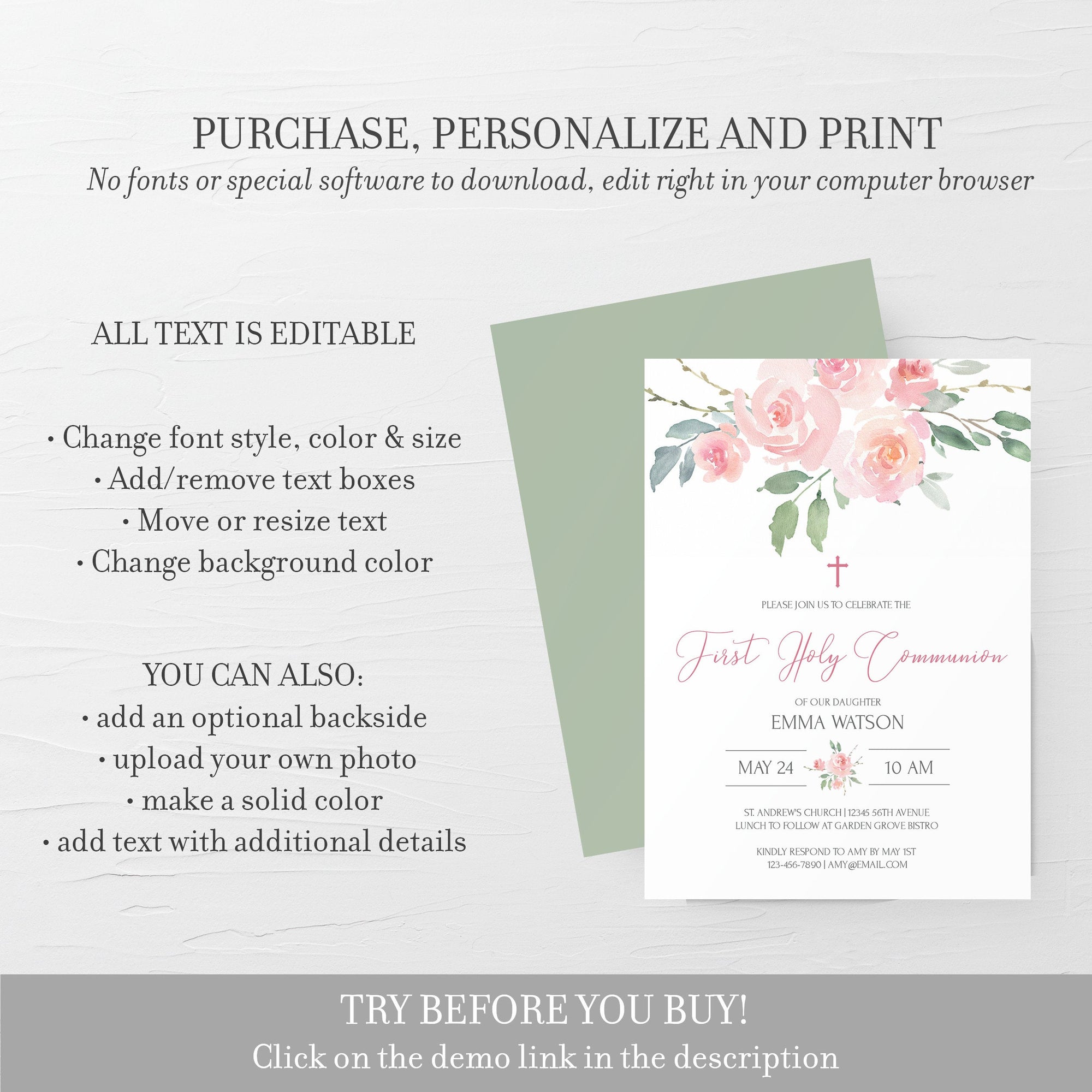 Pink Floral Holy Communion Invitation Template, Printable First Holy Communion Invitation, 1st Holy Communion Invite, DIGITAL DOWNLOAD FR100