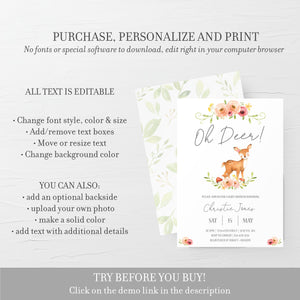 Deer Themed Baby Shower Invitation Girl, Oh Deer Baby Shower Invite Printable, Woodland Deer Baby Shower Invitation, Instant Download - W100