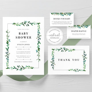 Greenery Baby Shower Invitation Set Template, Printable Greenery Baby Shower Invite, Baby Shower Invitation Boy Instant Download - G100