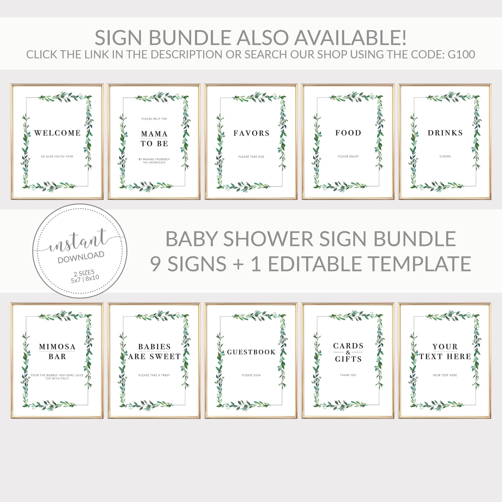 Greenery Baby Shower Invitation Set Template, Printable Greenery Baby Shower Invite, Baby Shower Invitation Boy Instant Download - G100