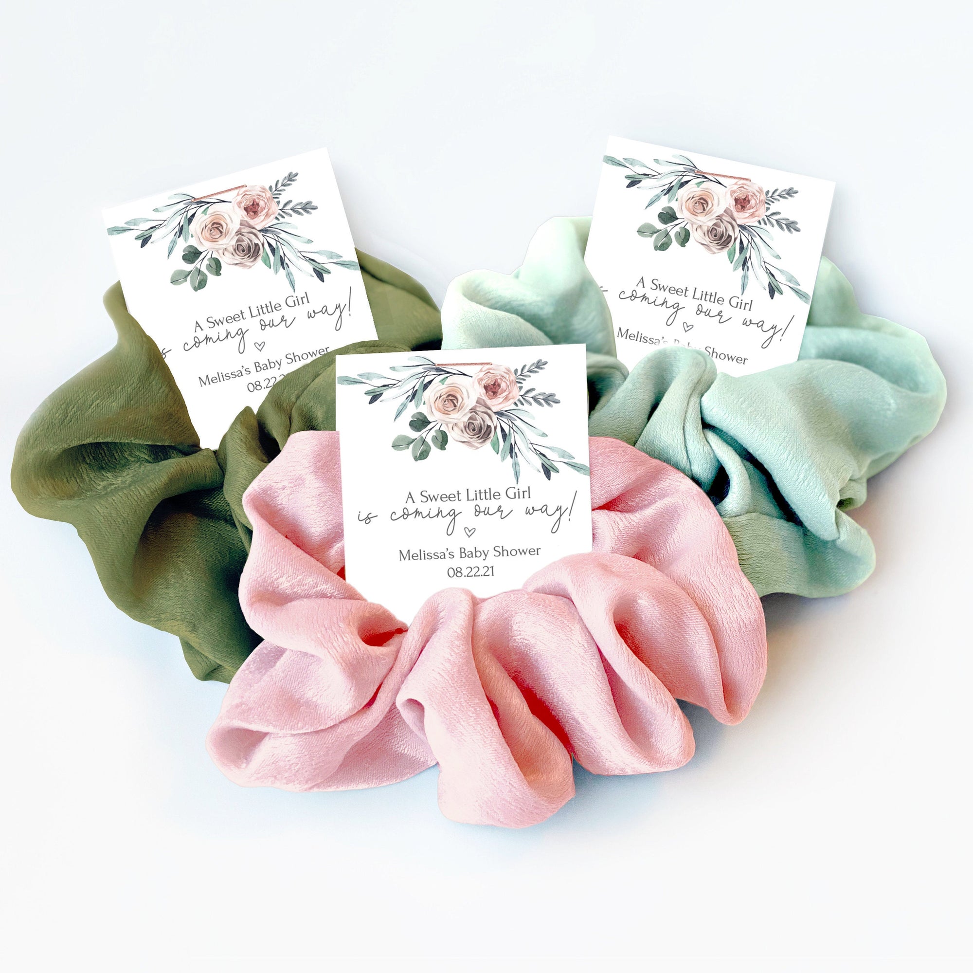 Girl Baby Shower Favors, Scrunchie Hair Tie Favors, Blush Floral, A Sweet Little Girl Is Coming Our Way, Personalized Thank You Favors BR100