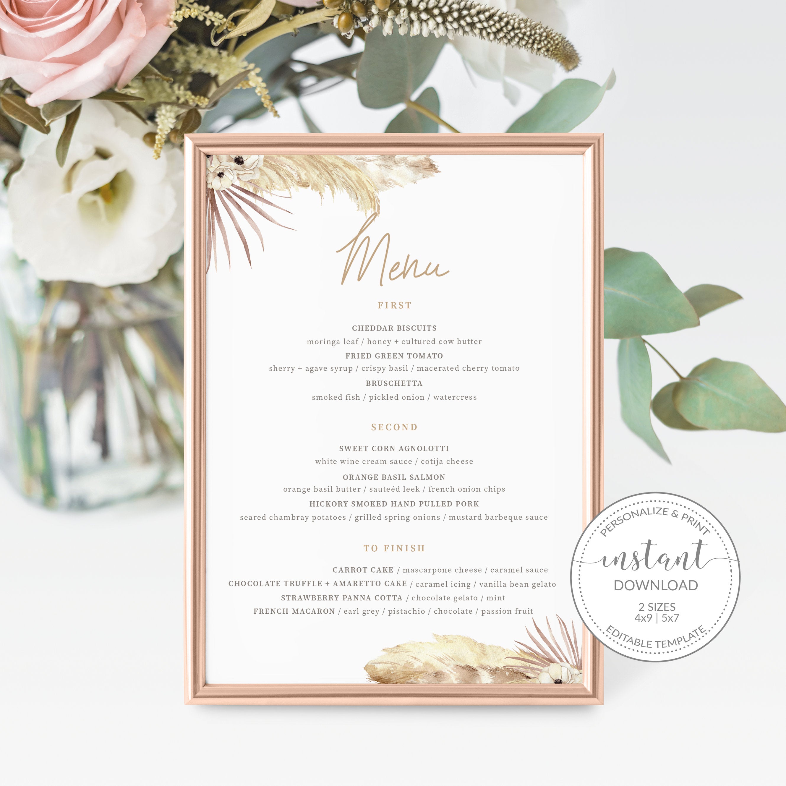 Pampas Grass Menu, Desert Boho Wedding Menu Template Download, Editable Download, Printable Menu, Beach Boho. 4x9 & 5x7 - DP100
