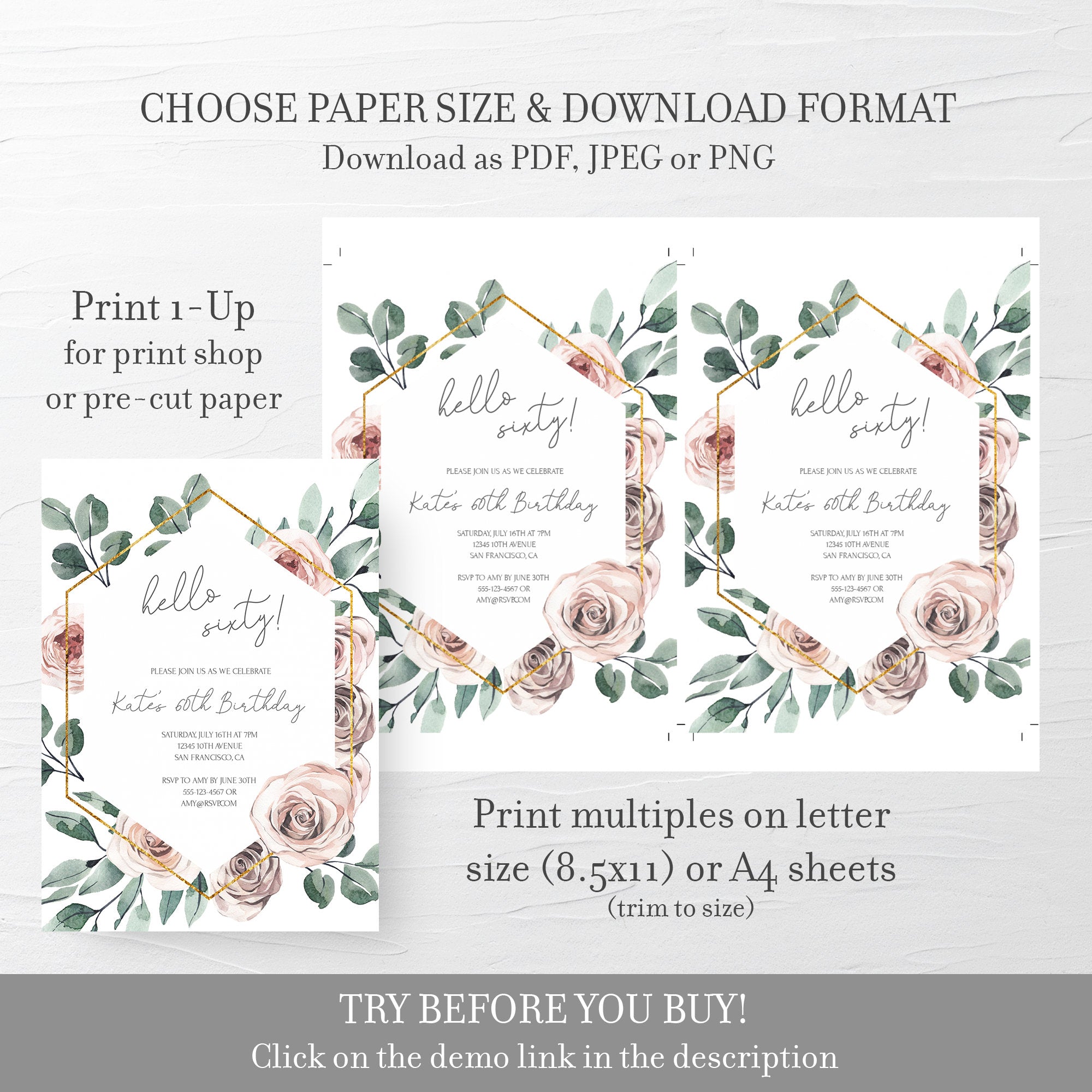 Boho Rose 60th Birthday Invitation Template, Printable Party Invite, E - PlumPolkaDot boho-rose-60th-birthday-invitation-template-printable-party-invite-e-plumpolkadot