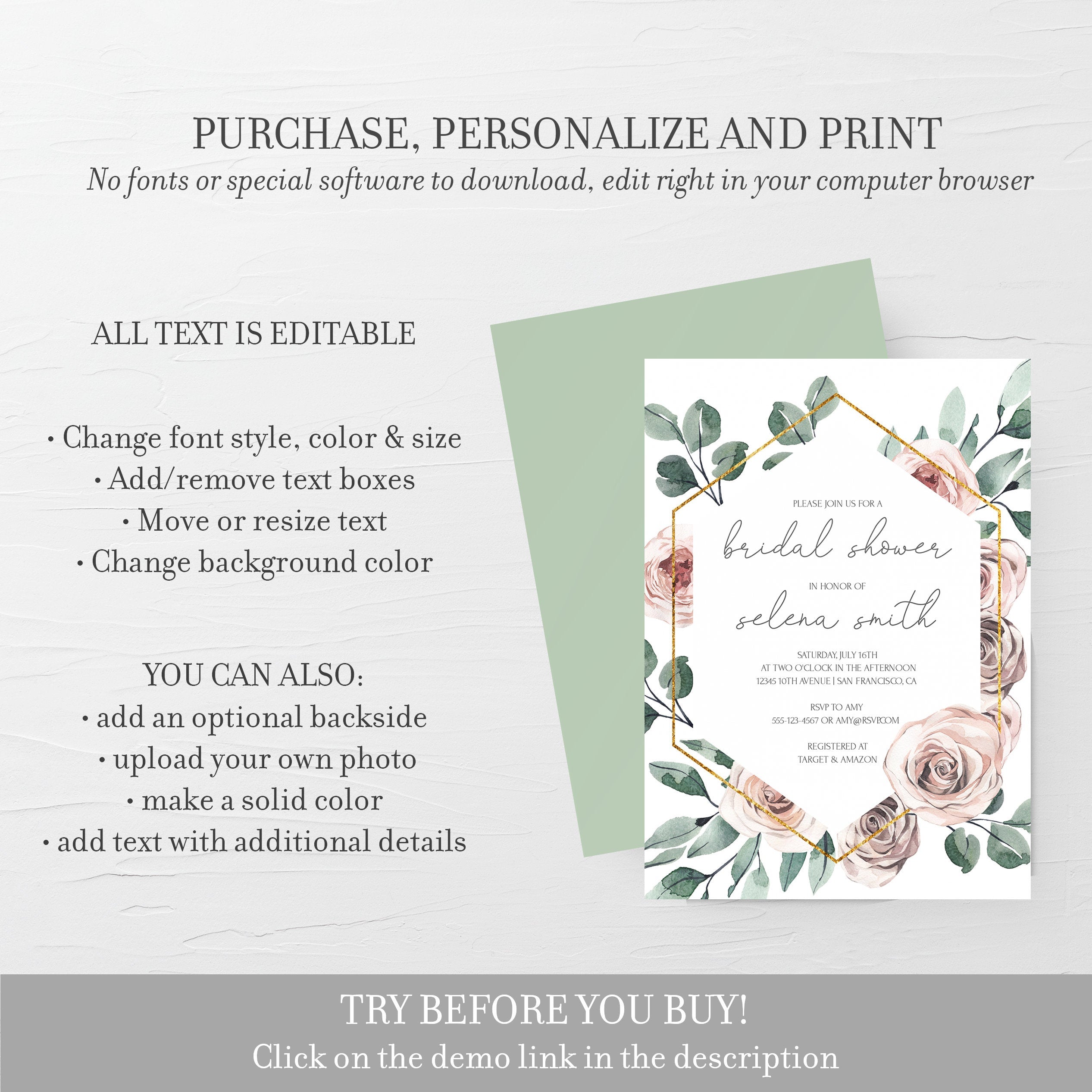 Floral Bridal Shower Invitation Template, Printable Bridal Shower Invite, Boho Rose Wedding Shower, Editable DIGITAL DOWNLOAD, 5x7 BR100