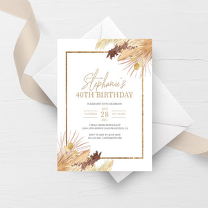 Pampas 40th Birthday Invitation For Women, Printable 40th Birthday Party Invitation, Bohemian 40th Birthday Invite, INSTANT DOWNLOAD DP100