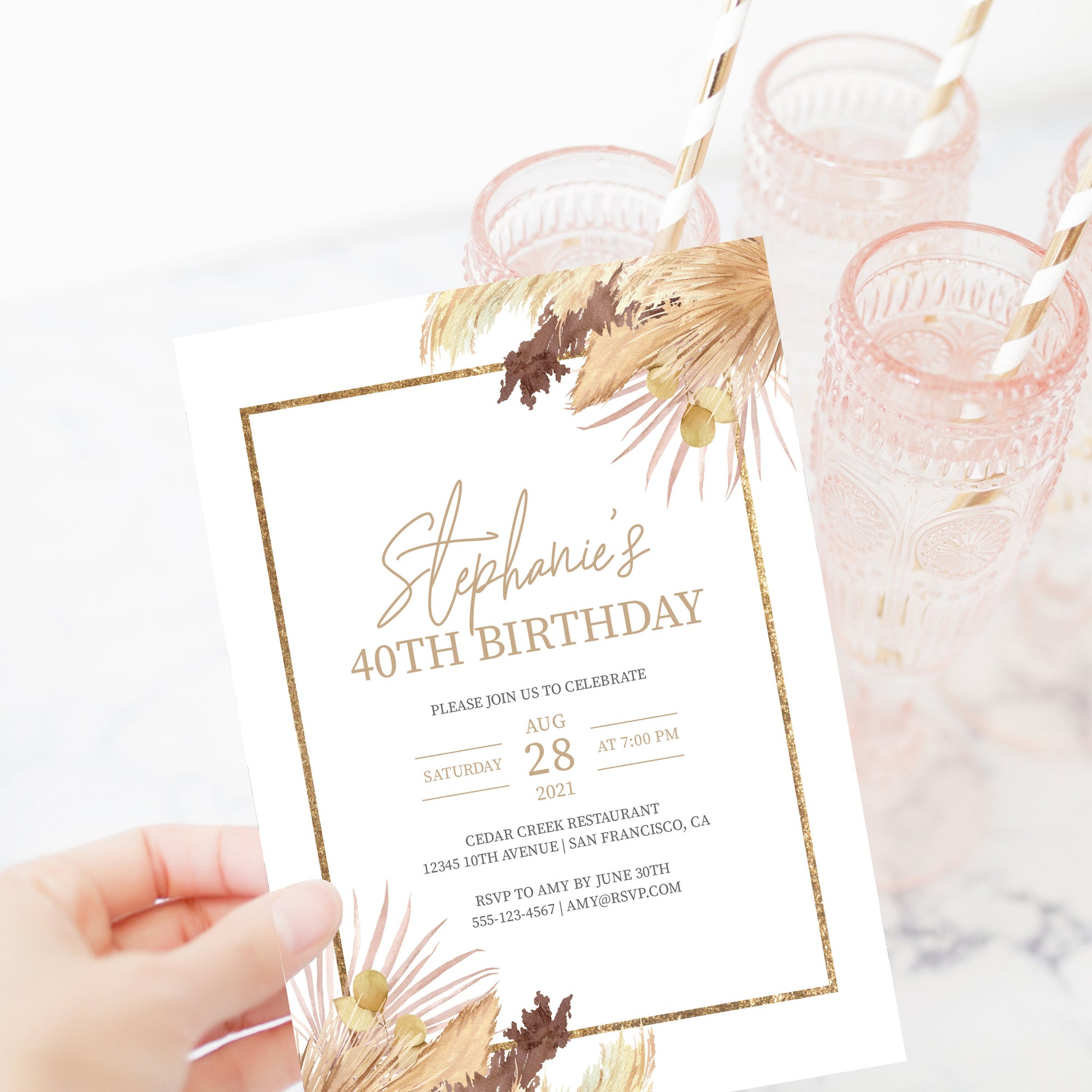 Pampas 40th Birthday Invitation For Women, Printable 40th Birthday Party Invitation, Bohemian 40th Birthday Invite, INSTANT DOWNLOAD DP100