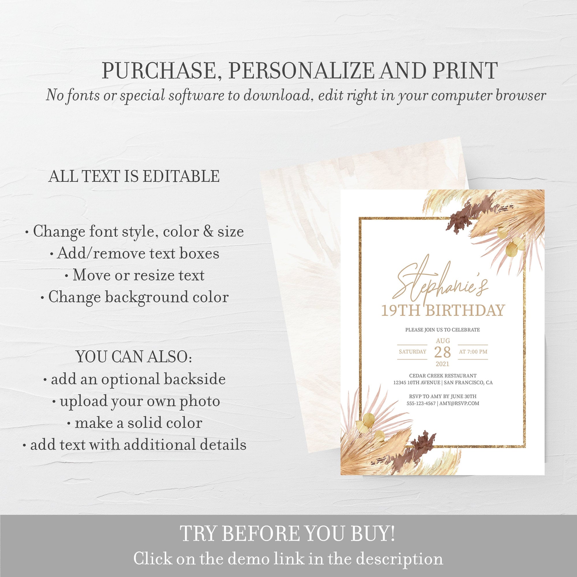 Pampas 19th Birthday Invitation For Women, Printable 19th Birthday Party Invitation, Bohemian 19th Birthday Invite, INSTANT DOWNLOAD DP100