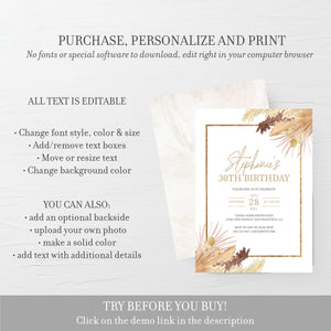 Pampas 30th Birthday Invitation For Women, Printable 30th Birthday Party Invitation, Bohemian 30th Birthday Invite, INSTANT DOWNLOAD DP100