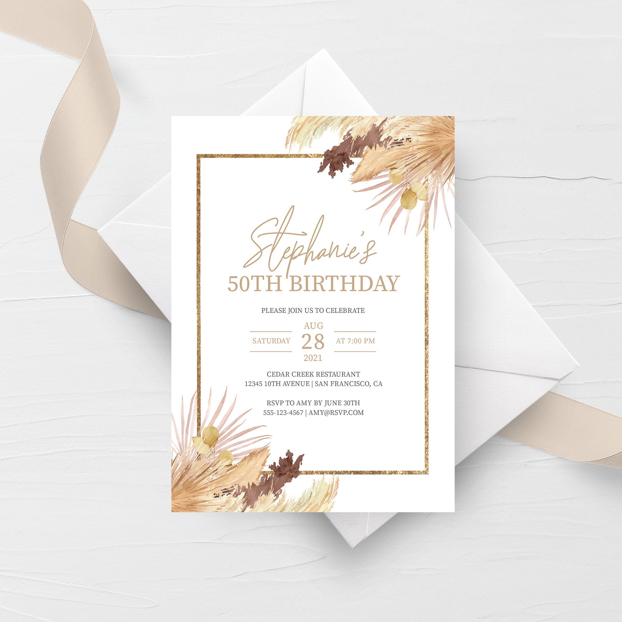 Pampas 50th Birthday Invitation For Women, Printable 50th Birthday Party Invitation, Bohemian 50th Birthday Invite, INSTANT DOWNLOAD DP100