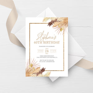 Pampas 60th Birthday Invitation For Women, Printable 60th Birthday Party Invitation, Bohemian 60th Birthday Invite, INSTANT DOWNLOAD DP100