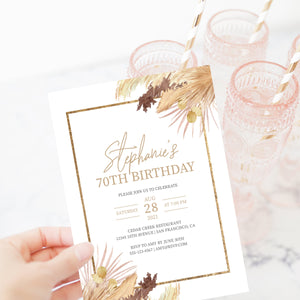 Pampas 70th Birthday Invitation For Women, Printable 70th Birthday Party Invitation, Bohemian 70th Birthday Invite, INSTANT DOWNLOAD DP100