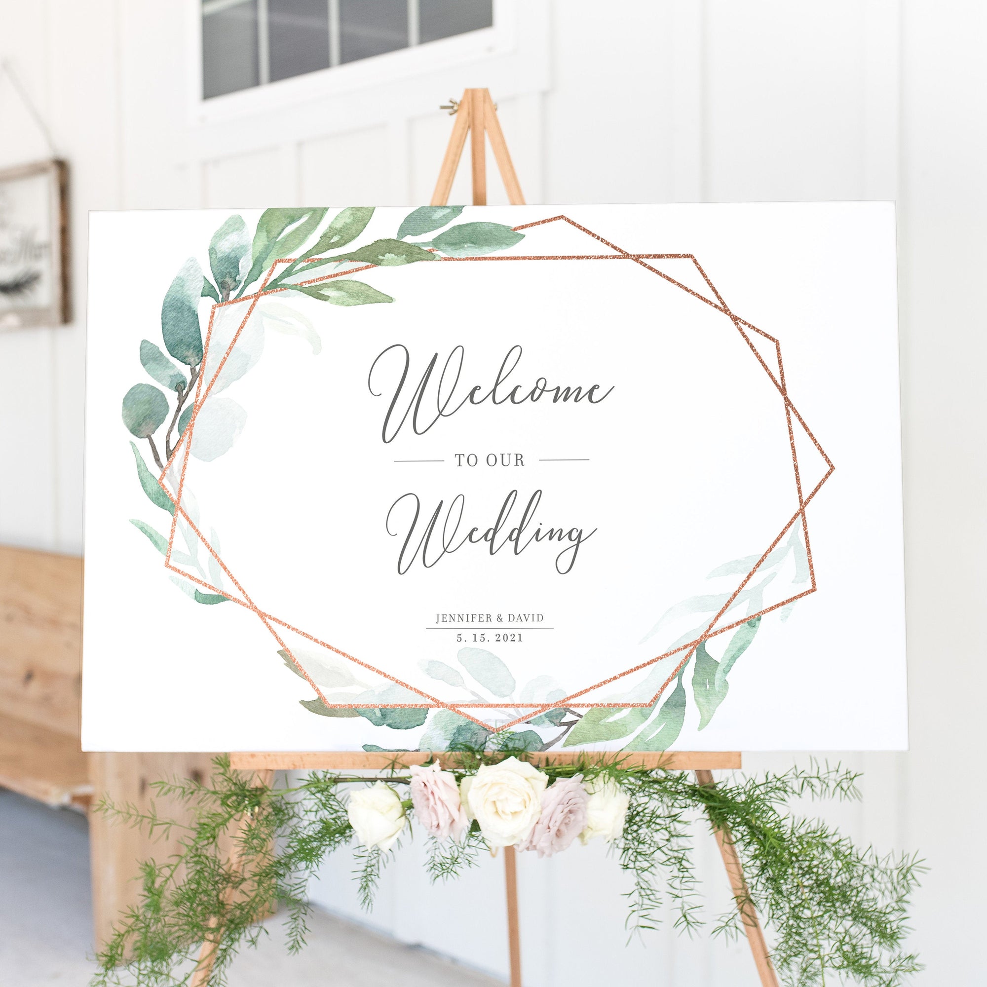 Rose Gold Greenery Wedding Welcome Sign Template, Large Welcome Sign Printable, Geometric Welcome To Our Wedding Sign, DIGITAL - GFRG100