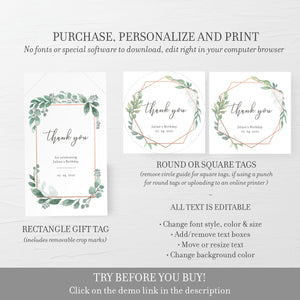Greenery Favor Tags Printable, Birthday Favor Tags Template, Rose Gold Greenery Birthday Party Favor Tags, Editable DIGITAL DOWNLOAD GFRG100
