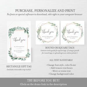 Greenery Bridal Shower Favor Tags Printable Template, Rose Gold Greenery Favor Tags, Wedding Shower, Editable DIGITAL DOWNLOAD - GFRG100