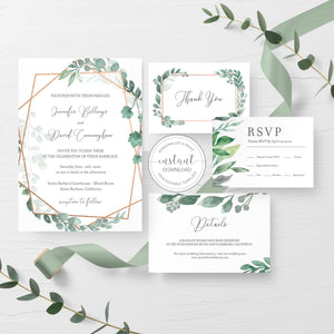 Greenery Wedding Invitation Template, Rose Gold Geometric Wedding Invitation, Editable Wedding Invitation Suite, INSTANT DOWNLOAD - GFRG100