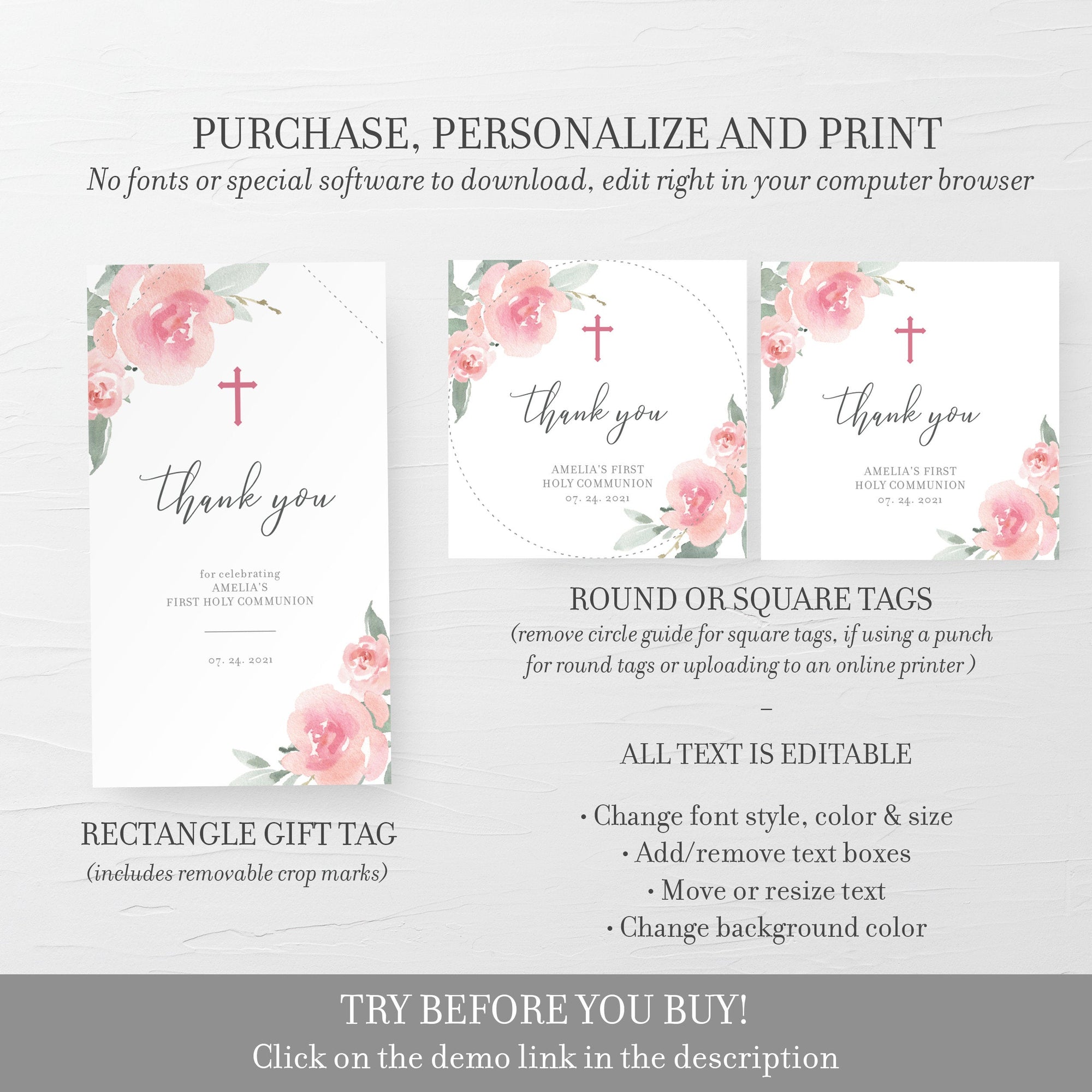 Floral Holy Communion Favor Tag Template, Girl Communion Thank You Tags Printable, First Holy Communion, Editable DIGITAL DOWNLOAD FR100