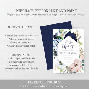 30th Birthday Invitation For Women, Printable 30th Birthday Party Invitation, Navy Blush Floral 30th Birthday Invite, INSTANT DOWNLOAD MB100