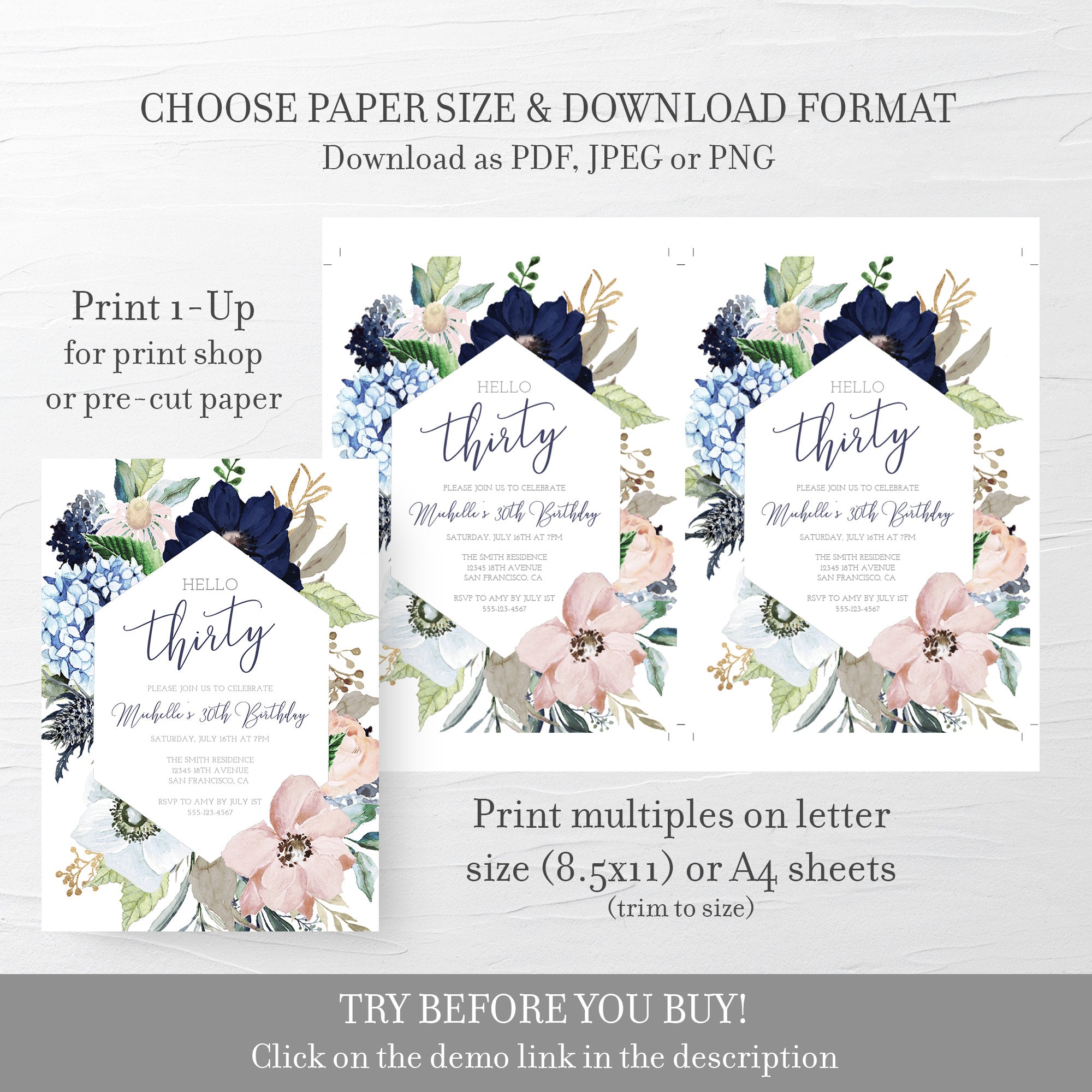 30th Birthday Invitation For Women, Printable 30th Birthday Party Invitation, Navy Blush Floral 30th Birthday Invite, INSTANT DOWNLOAD MB100