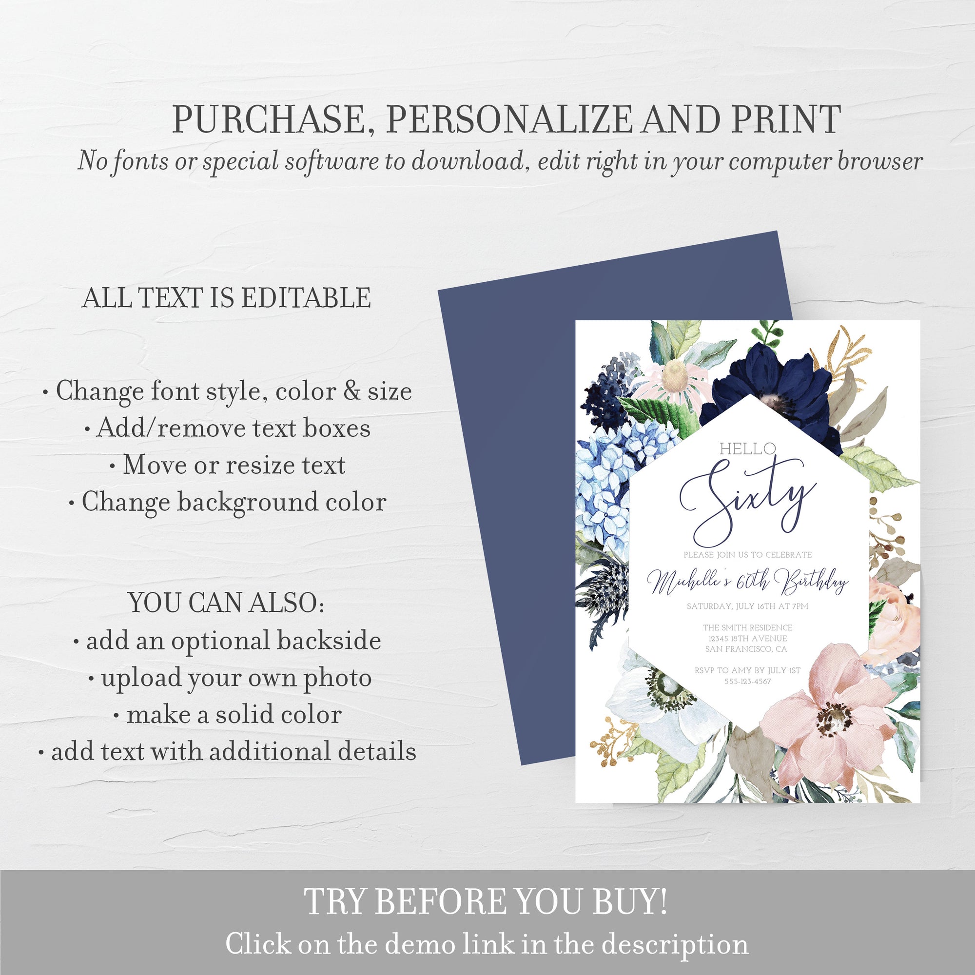 60th Birthday Invitation For Women, Printable 60th Birthday Party Invitation, Navy Blush Floral 60th Birthday Invite, INSTANT DOWNLOAD MB100