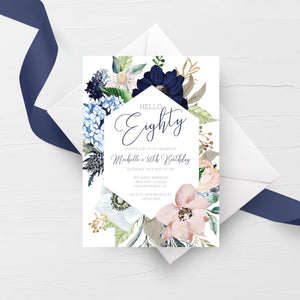 80th Birthday Invitation For Women, Printable 80th Birthday Party Invitation, Navy Blush Floral 80th Birthday Invite, INSTANT DOWNLOAD MB100