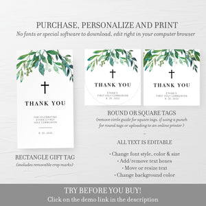 Greenery Holy Communion Favor Tags Printable Template, Greenery Favor Tags, First Communion Thank You, DIGITAL DOWNLOAD G100