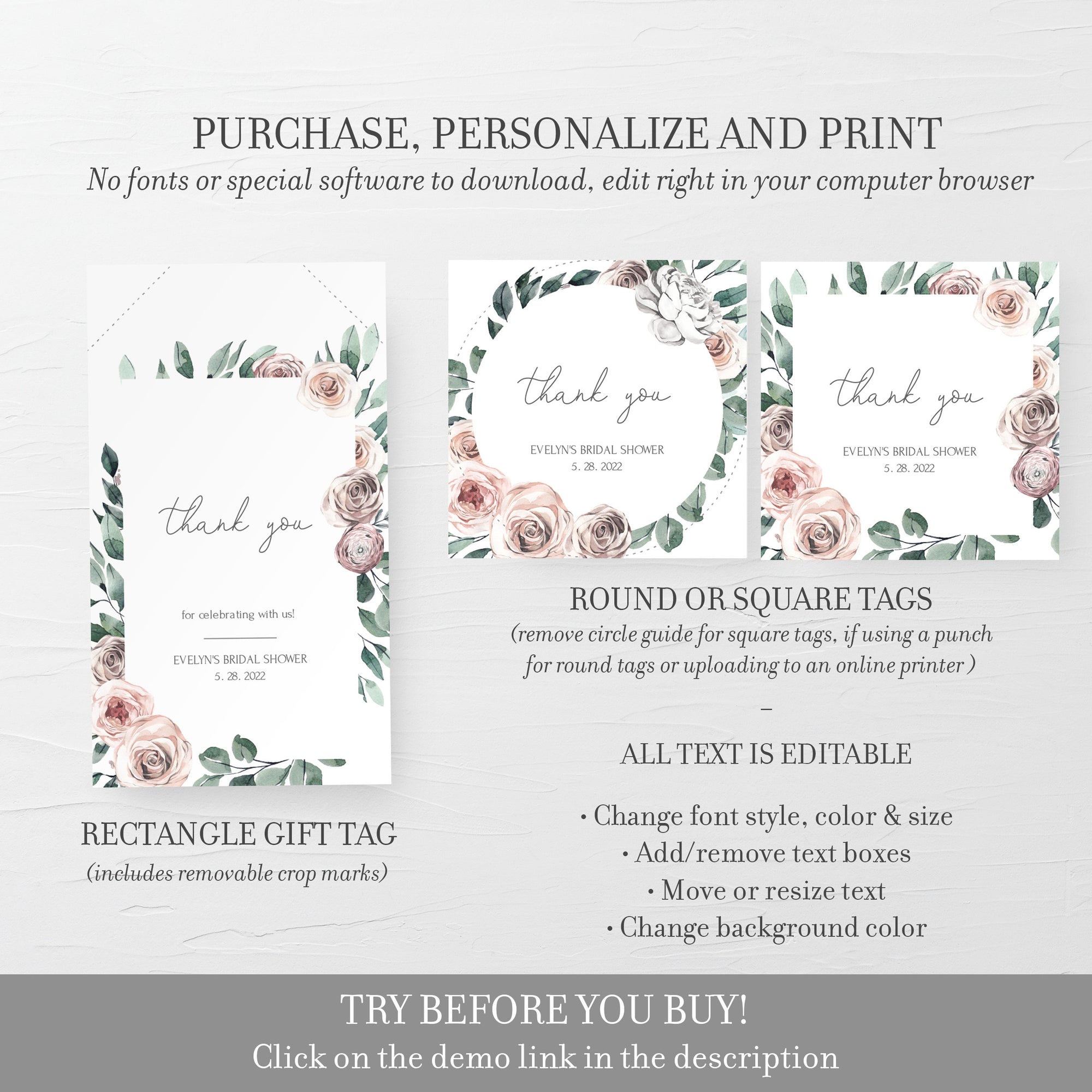 Printable Bridal Shower Favor Tags Template, Personalized Boho Rose Floral Bridal Shower Thank You Tags, Editable DIGITAL DOWNLOAD BR100