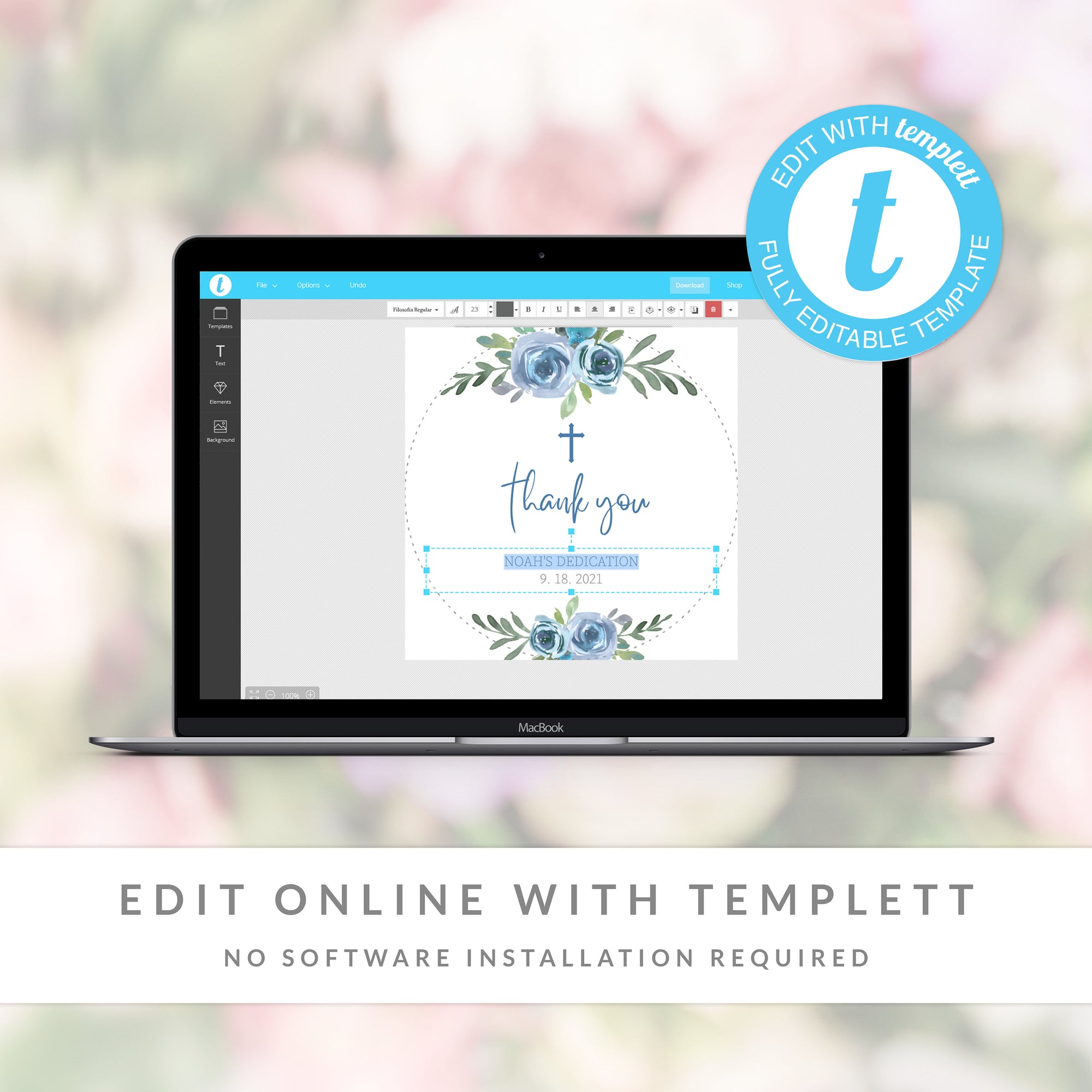 Blue Floral Dedication Favor Tag Template, Baby Dedication Thank You Tags Printable, Round Square Rectangle, Editable DIGITAL DOWNLOAD BF100