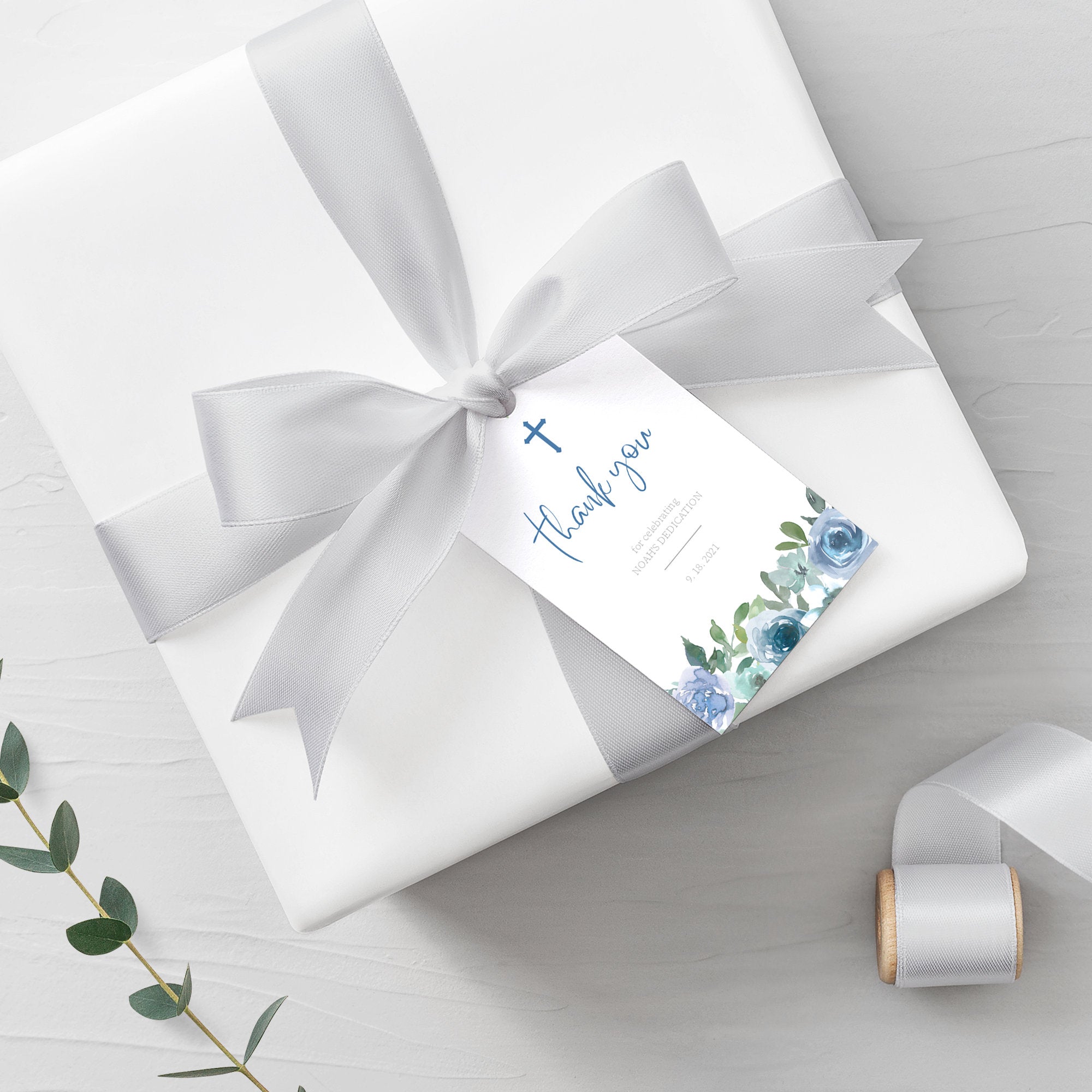 Dedication Tag Layout Blue Floral Dedication Favor Tag Template, Printable Round Square or R ...