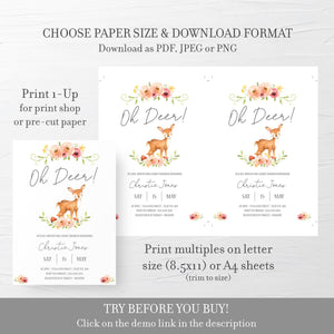 Deer Themed Baby Shower Invitation Girl, Oh Deer Baby Shower Invite Printable, Woodland Deer Baby Shower Invitation, Instant Download - W100