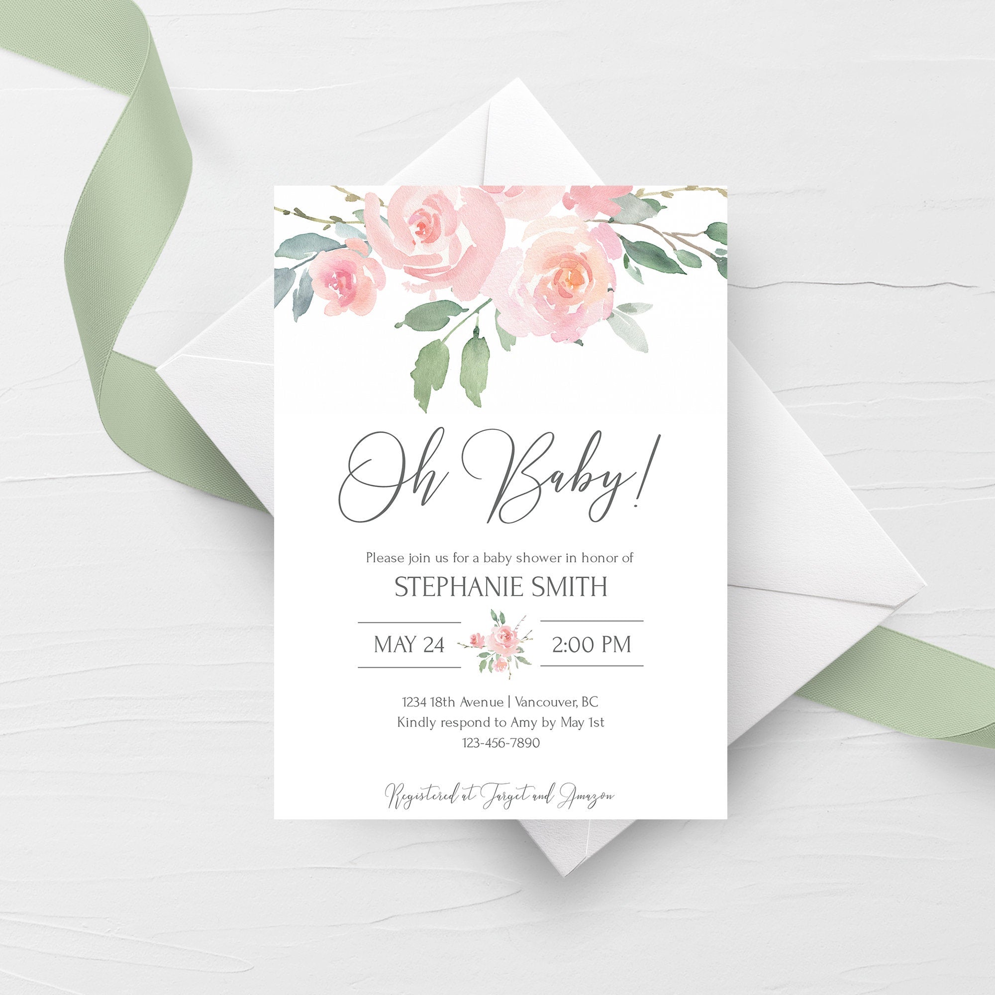 Pink Floral Baby Shower Invitation Set Template, Printable Girl Baby Shower Invite, Baby Shower Invitation Girl Instant Download - FR100