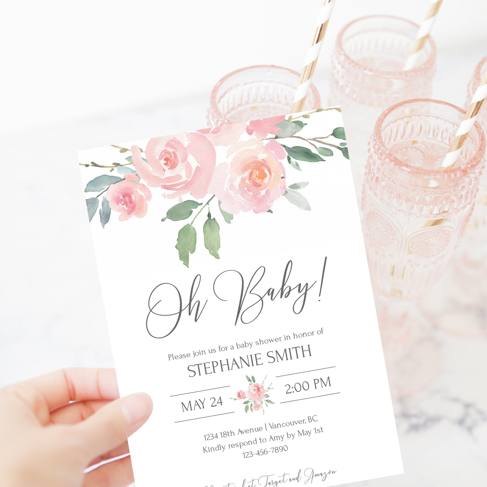 Pink Floral Baby Shower Invitation Girl Instant Download, Printable Girl Baby Shower Invite Template, DIGITAL - FR100