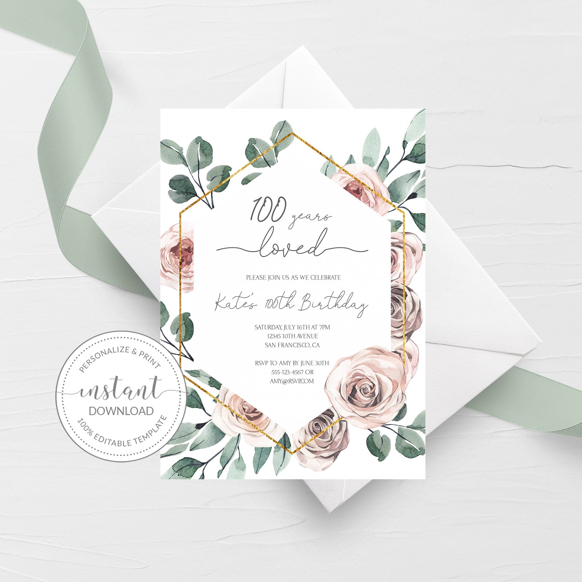 Boho Rose 100th Birthday Invitations Template, Printable Party Invite, - PlumPolkaDot for Free Printable 100th Birthday Cards