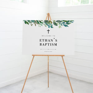 Greenery Baptism Welcome Sign Template, Large Welcome Sign Printable, Boy Baptism Decorations Greenery, INSTANT DOWNLOAD - G100