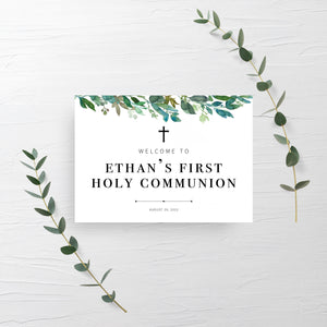 Greenery First Holy Communion Welcome Sign Template, Large Welcome Sign Printable, Boy Communion Decorations Greenery, INSTANT DOWNLOAD G100