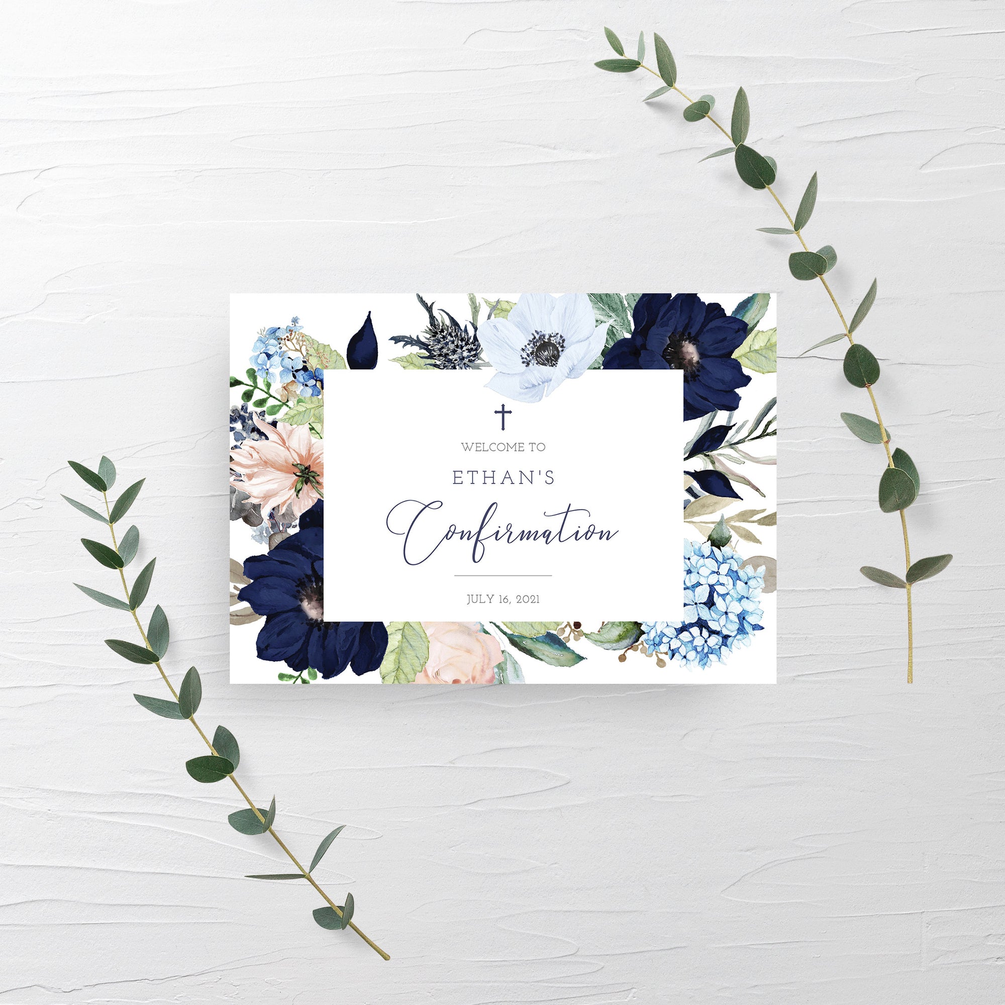 Confirmation Welcome Sign Template, Large Welcome Sign Printable, Boy Confirmation Decorations Navy Blush Floral, INSTANT DOWNLOAD - MB100