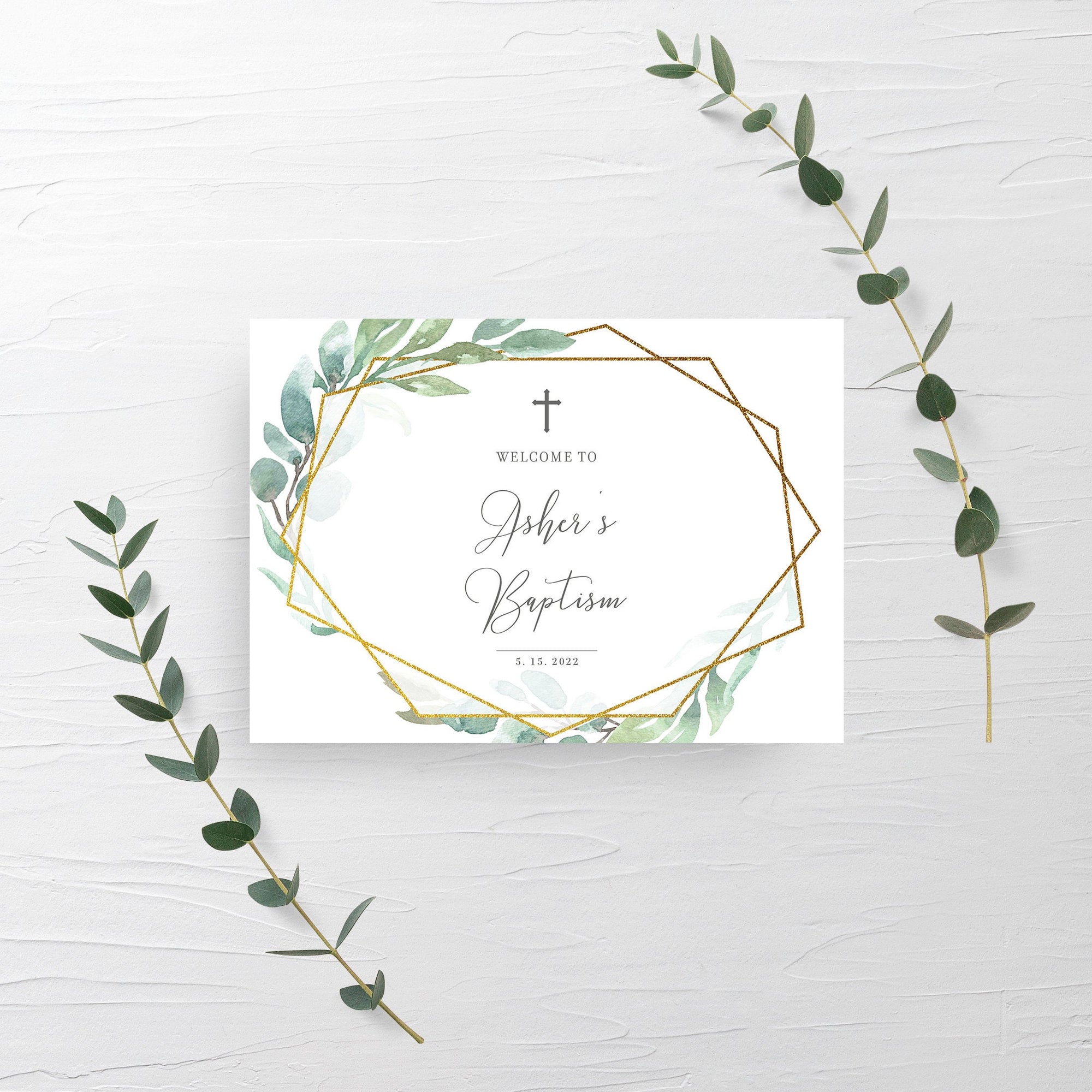 Baptism Welcome Sign Template, Large Welcome Sign Printable, Boy Baptism Decorations, Gold Geometric Greenery, INSTANT DOWNLOAD - GFG100