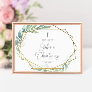 Christening Welcome Sign Template, Large Welcome Sign Printable, Boy Christening Decorations, Geometric Greenery, INSTANT DOWNLOAD - GFG100