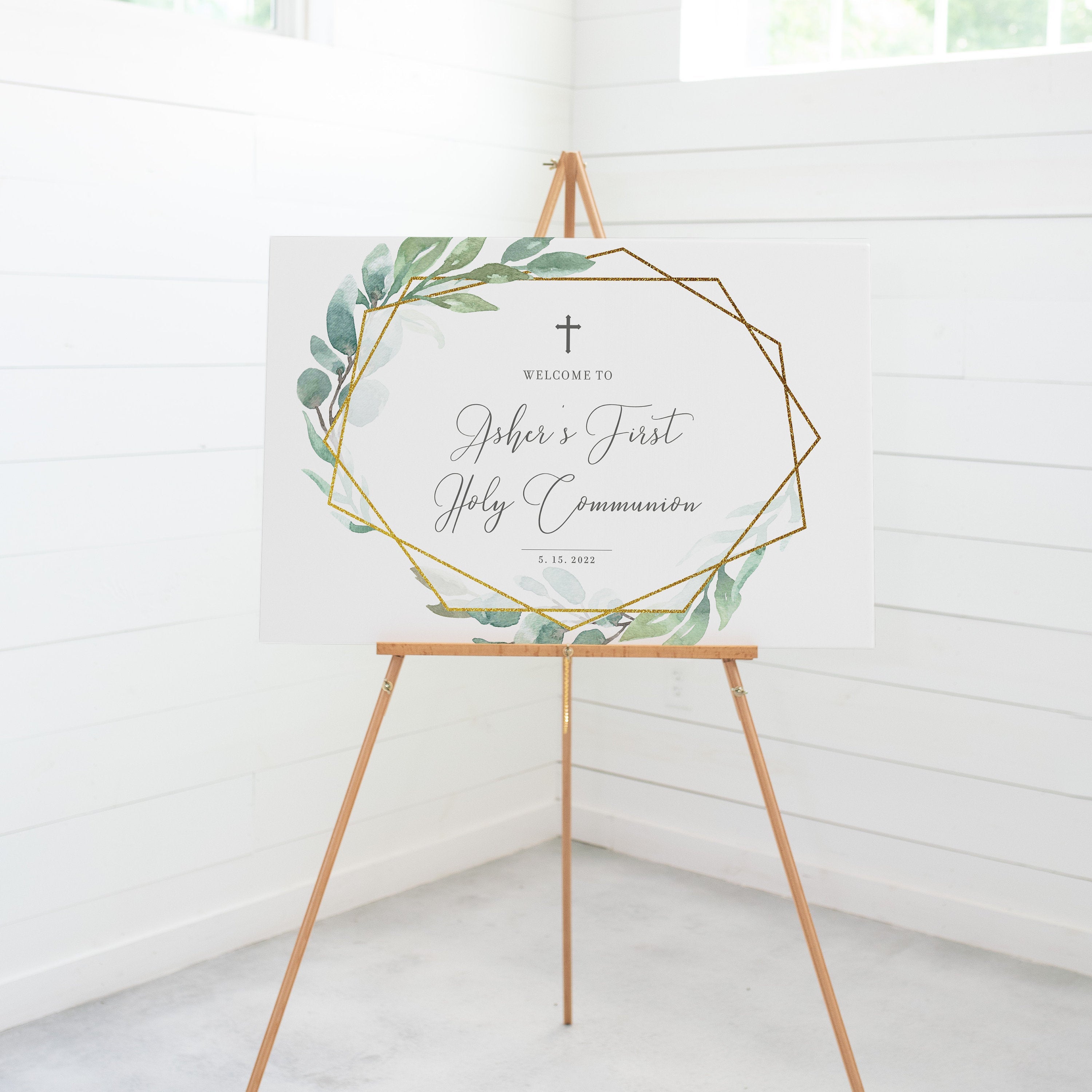 First Holy Communion Welcome Sign Template, Welcome Sign Printable, Boy Communion Decorations, Geometric Greenery, INSTANT DOWNLOAD GFG100