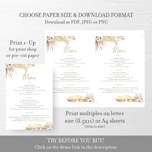 Pampas Grass Menu, Desert Boho Wedding Menu Template Download, Editable Download, Printable Menu, Beach Boho. 4x9 & 5x7 - DP100